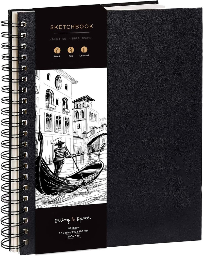 String & Space Artist’s Sketchbook Hardcover – 200GSM Very Thick Paper – Large, Spiral Sketch Book for Drawing and Mixed Media – Sketch Pad, Art Book - 11.4 x16.5, 40 Sheets / 80 Pages - Image 1